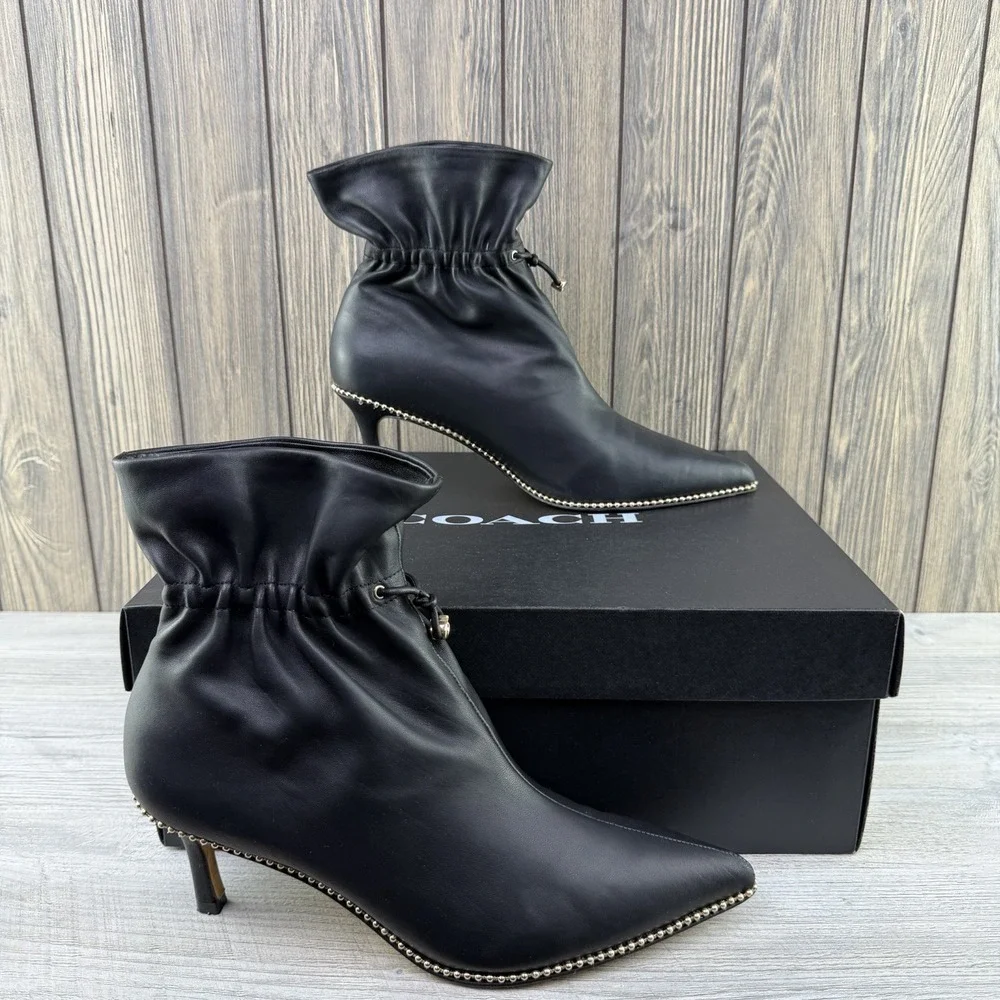 Coach Wynie Bootie C6762 Black Leather Pointed Toe Drawstring Boots Women's 9 B